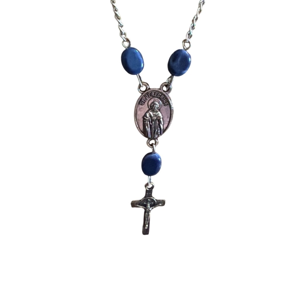 St Peregrine St Anthony Religious Medal Necklace Blue Beads Silver Gift